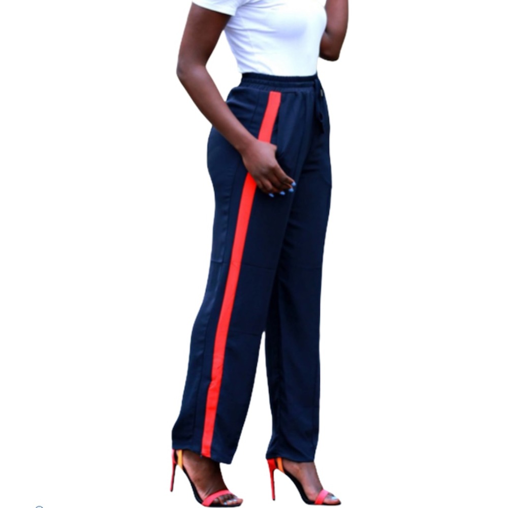 Women’s navy red track pants, Leg stripe size 8